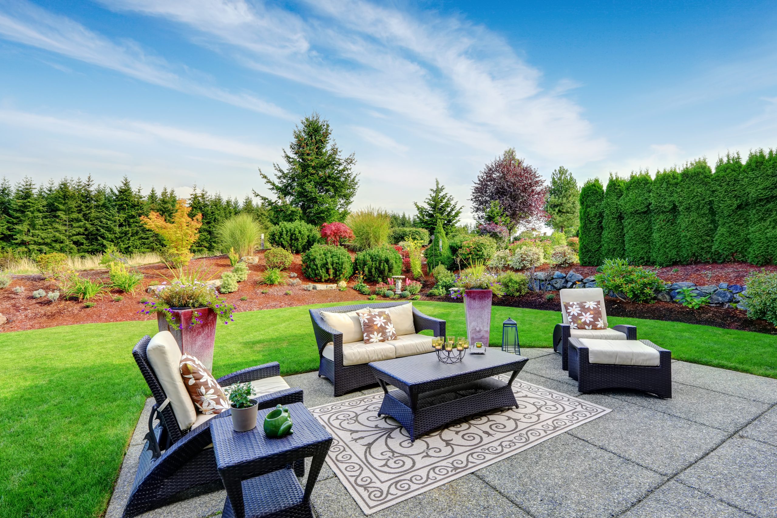 Impressive,Backyard,Landscape,Design.,Cozy,Patio,Area,With,Settees,And